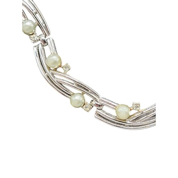 Trifari Rare Choker Necklace 16" Silver Tone Faux Gray Pearls Rhinestones - Picture 7 of 16